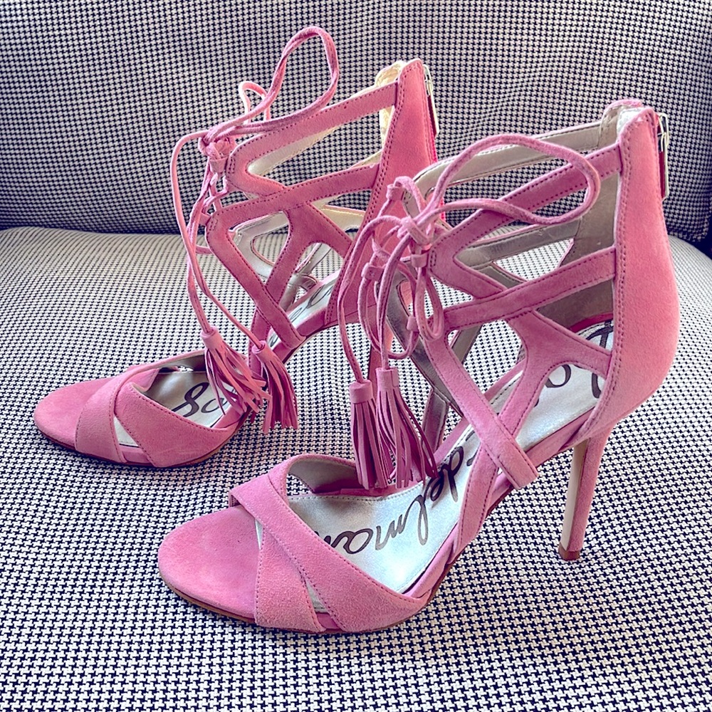 Sam Edelman suede pink lace-up heels